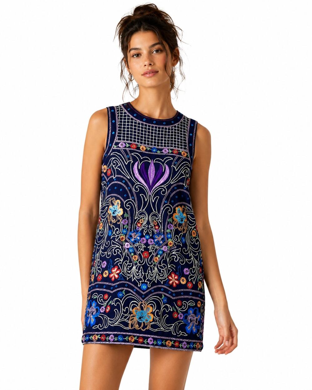 Maeve Anthropologie Blue Floral Embroidered Mini Shift Dress Womens 2 Sleeveless